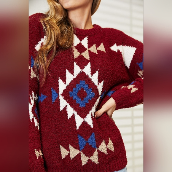 HEYSON Designer Wine Color Full Size Aztec Soft Plush Fuzzy Sweater - Picture 6 of 10